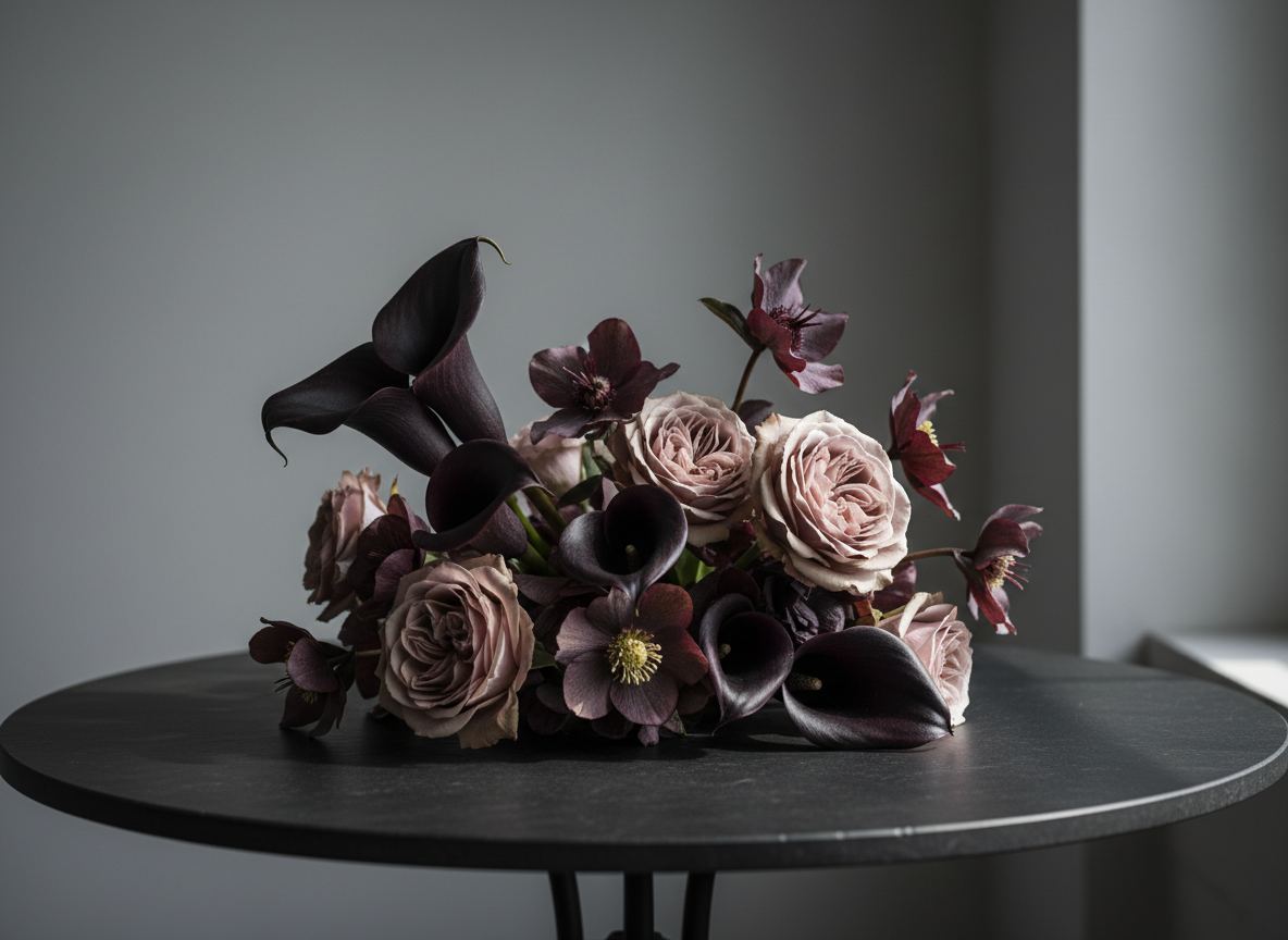 A custom-designed floral arrangement featuring rare, almost-black calla lilies, deep plum hellebores, and dusty mauve garden roses, each petal showing subtle variations of living color. The bouquet rests on a matte black stone tabletop in a minimalist studio, with a soft grey wall behind. Diffused natural light from a high side window grazes the flowers, creating gentle highlights on velvety petals and delicate shadows on the table. Photographic realism, eye-level composition with a shallow depth of field keeps the flowers in crisp focus while the background falls into a soft blur, conveying a sophisticated, calm, and quietly dramatic atmosphere suitable for a brand hero image.