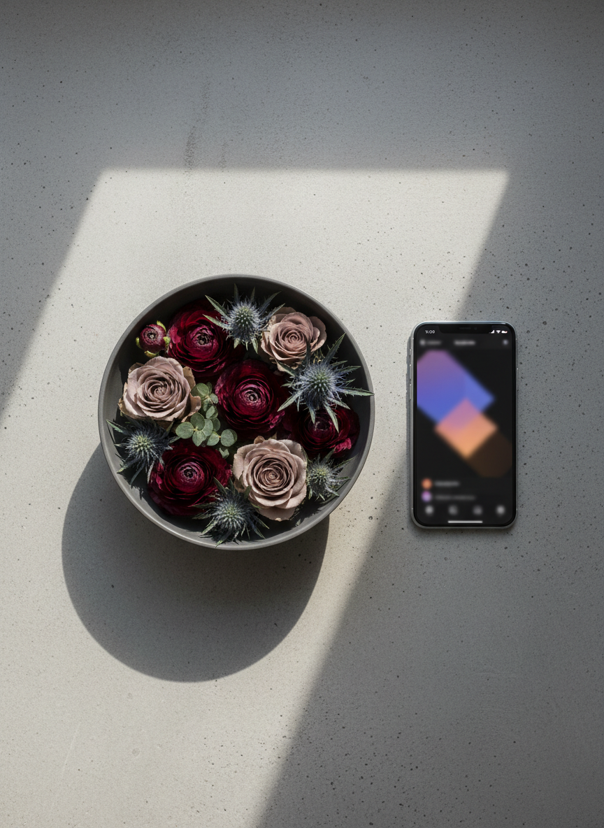 A minimal, photographic flat lay of a bespoke flower gift set: a compact arrangement of rare, dusky-toned blooms in a low, matte ceramic bowl, placed beside a sleek smartphone displaying an abstract, blurred interface suggestive of social media, hinting at Instagram ordering without readable text. The scene is set on a soft grey concrete surface with subtle texture. Gentle window light from the top of the frame creates fine highlights on petals and ceramic edges, with long, soft shadows for depth. The composition is top-down, with careful negative space, conveying a modern, sophisticated, and slightly mysterious mood that emphasizes ease of ordering and refined taste.