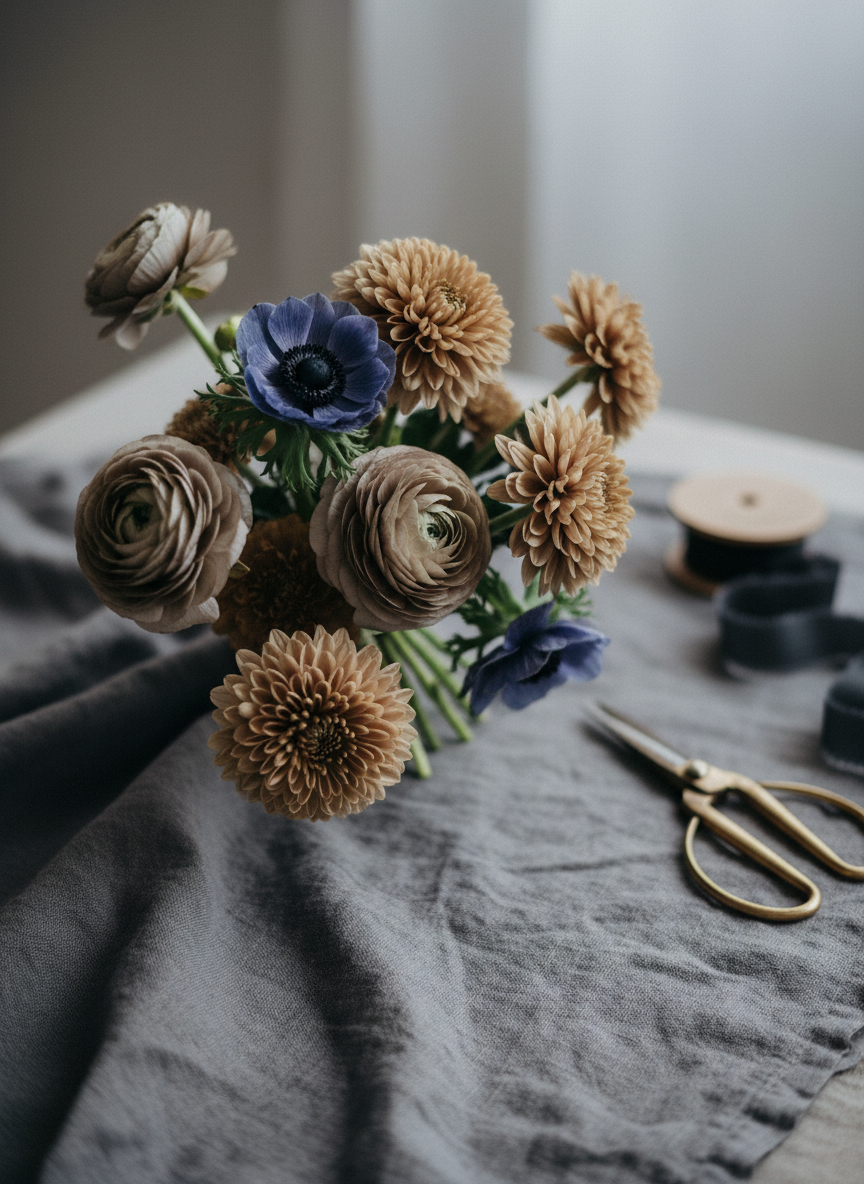 A close-up photographic composition of a single bespoke bouquet in progress, with rare, fresh flowers in subdued tones: slate-blue anemones, pale smoke-colored ranunculus, and muted taupe chrysanthemums. The stems are gathered on a textured charcoal linen cloth, with artisan floral tools and a spool of dark silk ribbon subtly blurred in the background. Soft studio lighting from above and to the side casts delicate shadows that accentuate petal structure and the sense of living color. Captured with a shallow depth of field and tight framing, the image feels intimate, sophisticated, and craft-focused, highlighting the custom, handmade nature of the floral design without showing any human presence.
