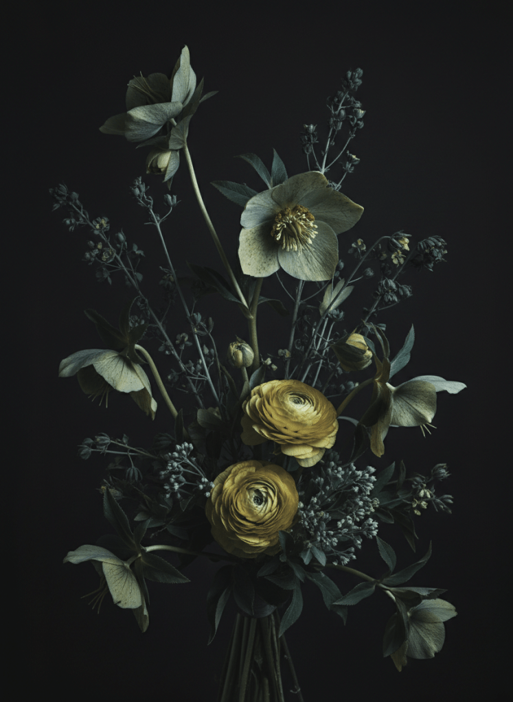 Close-up dark botanical photograph. Natural flowers — hellebore, ranunculus, wild botanical stems. Dominant colors: muted dusty teal-turquoise and yellow-green chartreuse, with black creeping in from the edges of petals and leaves like decay. Low brightness, low saturation. Deep charcoal/black background with soft moody side lighting. No bouquet wrapping, no hands, no concrete rubble. Pure dark botanical nature. Ruin-like atmosphere, melancholic and sophisticated. Editorial photography style.