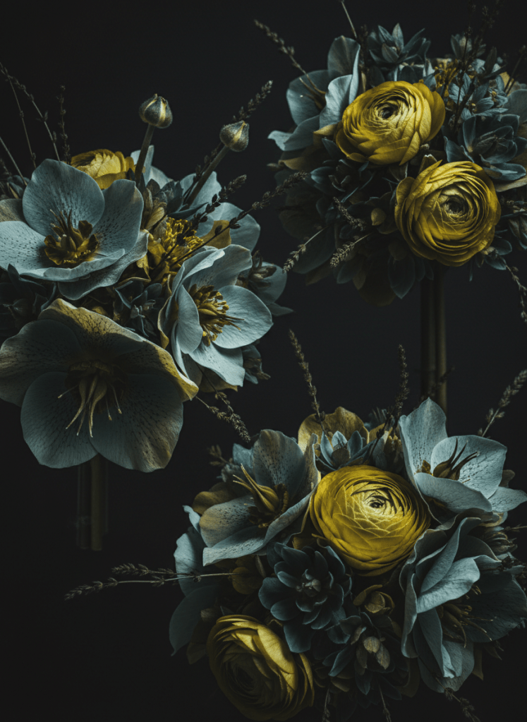 Extreme close-up macro photography of three dark botanical flower arrangements. Petals and textured foliage fill the entire frame — hellebore, ranunculus, wild botanical stems. Muted dusty teal-turquoise and yellow-green chartreuse tones dominate, with black slowly creeping in from the edges of petals and leaves like decay. Low brightness, low saturation. Deep charcoal-black background. Dramatic moody side lighting. Same ruin-like melancholic atmosphere. Pure intimate macro botanical detail.